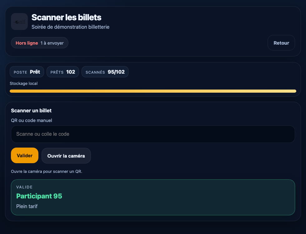 Poste de contrôle hors connexion après lecture d'un billet valide