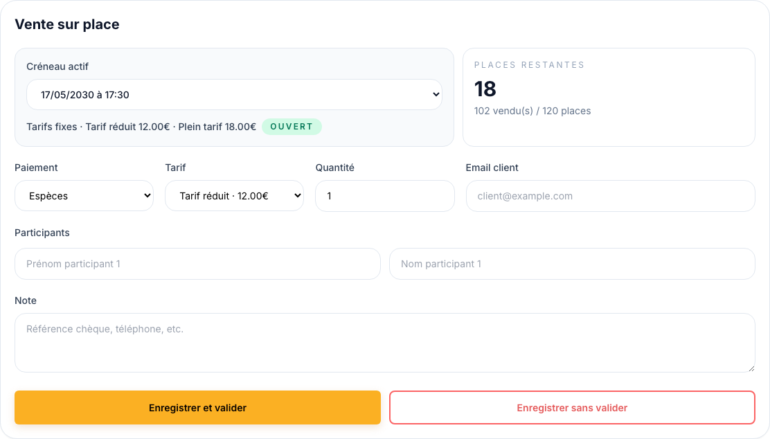 Interface de vente sur place dans le tableau de bord billetterie