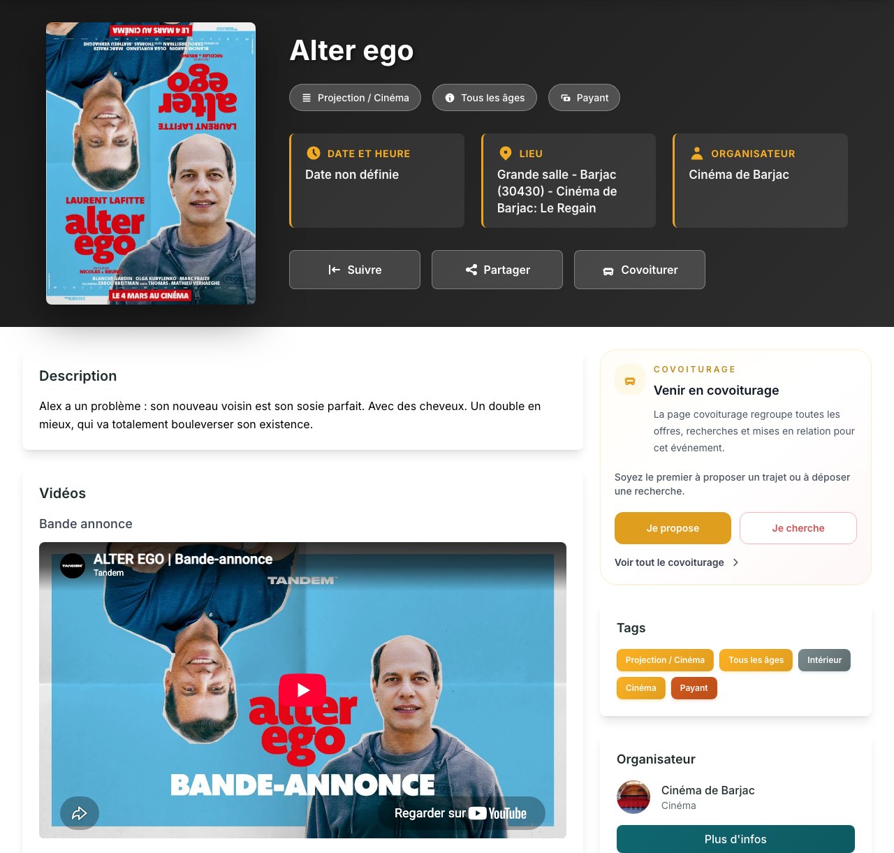 Capture de la véritable fiche Alter ego, avec affiche, synopsis et bande-annonce.