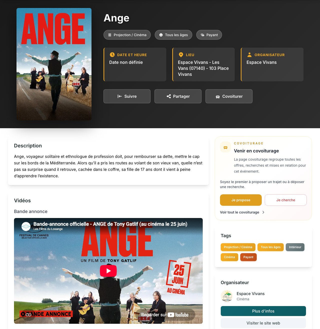 Capture de la véritable fiche Ange, avec affiche, synopsis et bande-annonce.