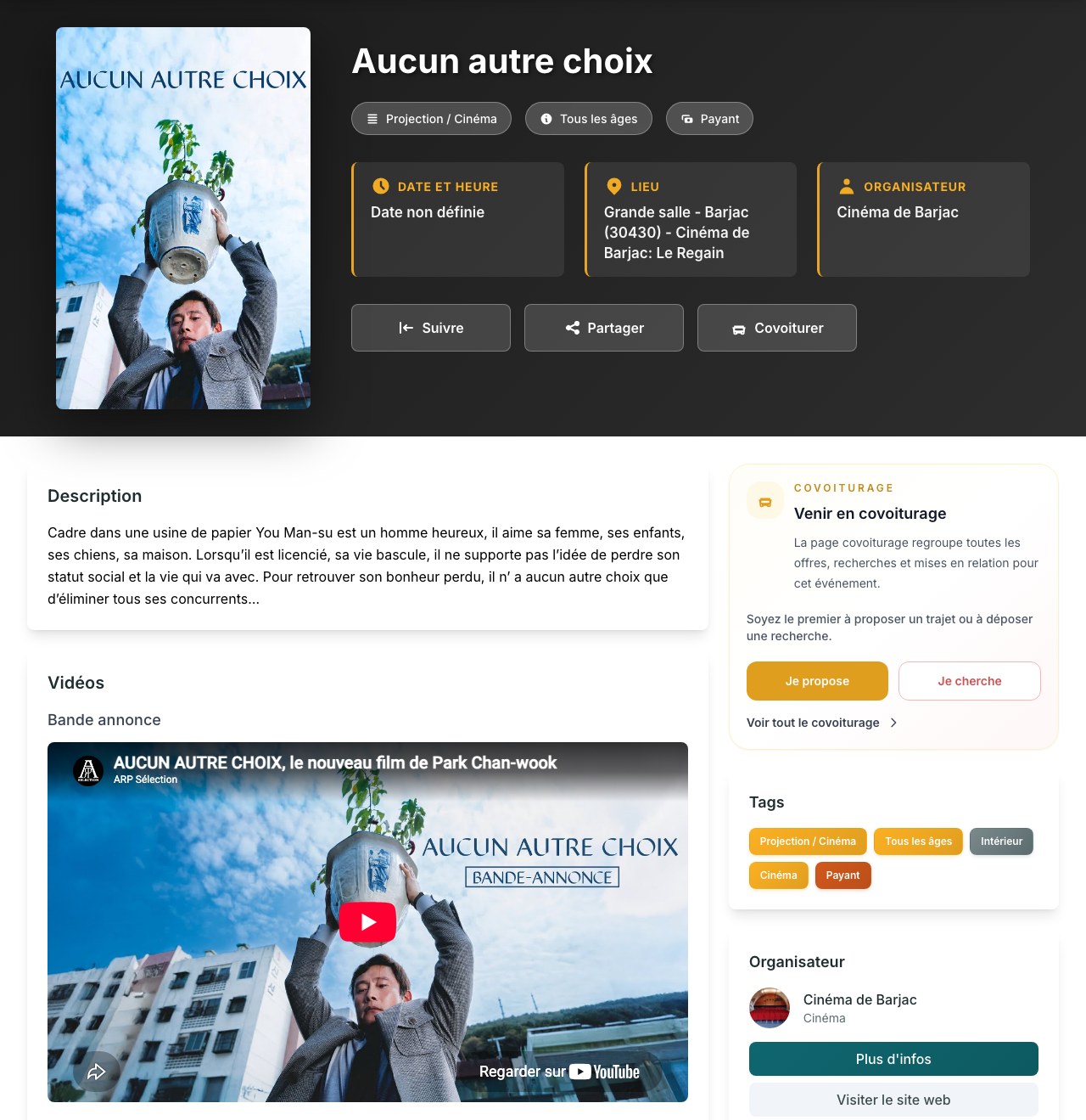 Capture de la véritable fiche Aucun autre choix, avec affiche, synopsis et bande-annonce.