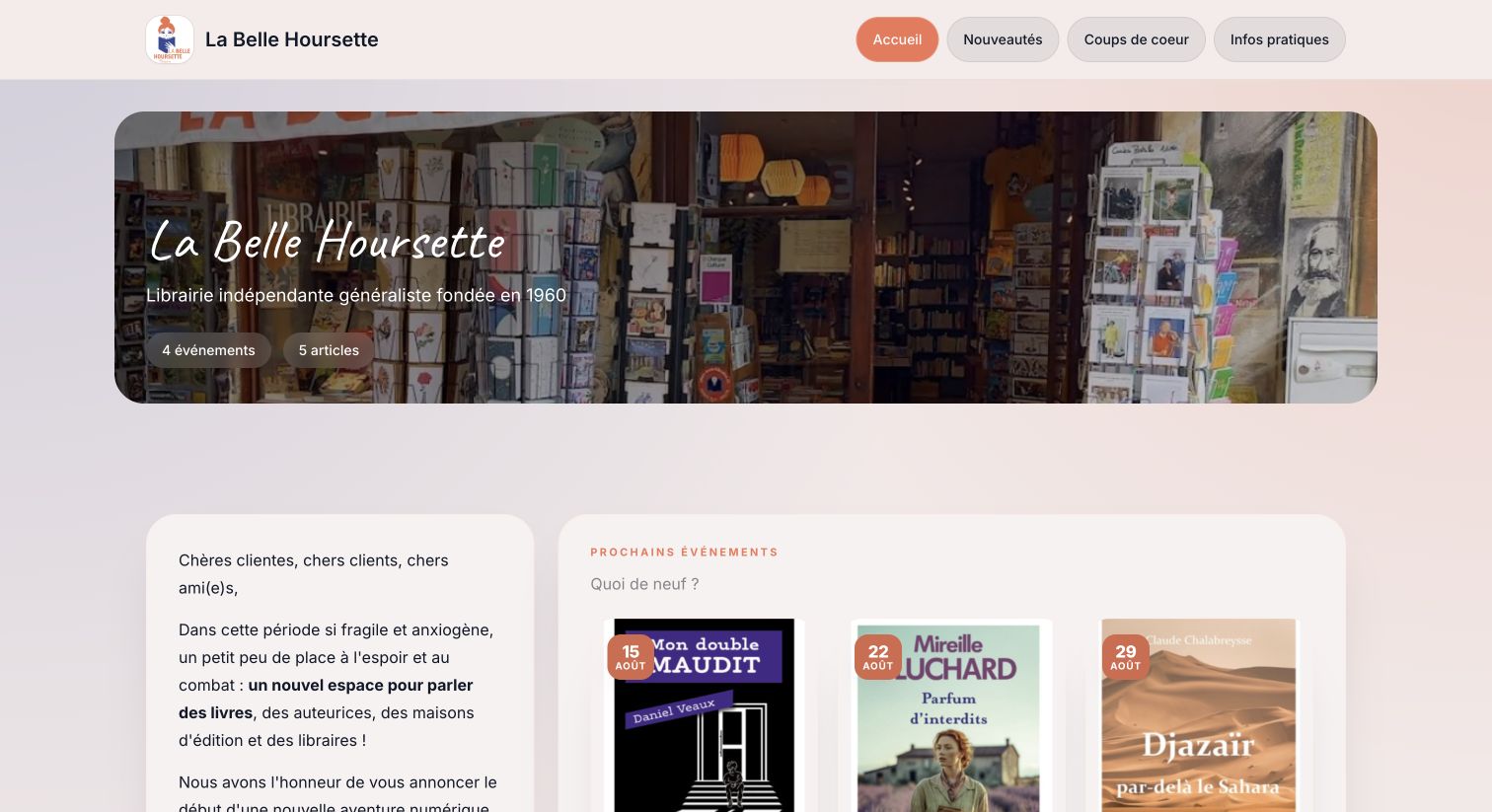 Capture de la page d'accueil du site de la librairie La Belle Hoursette