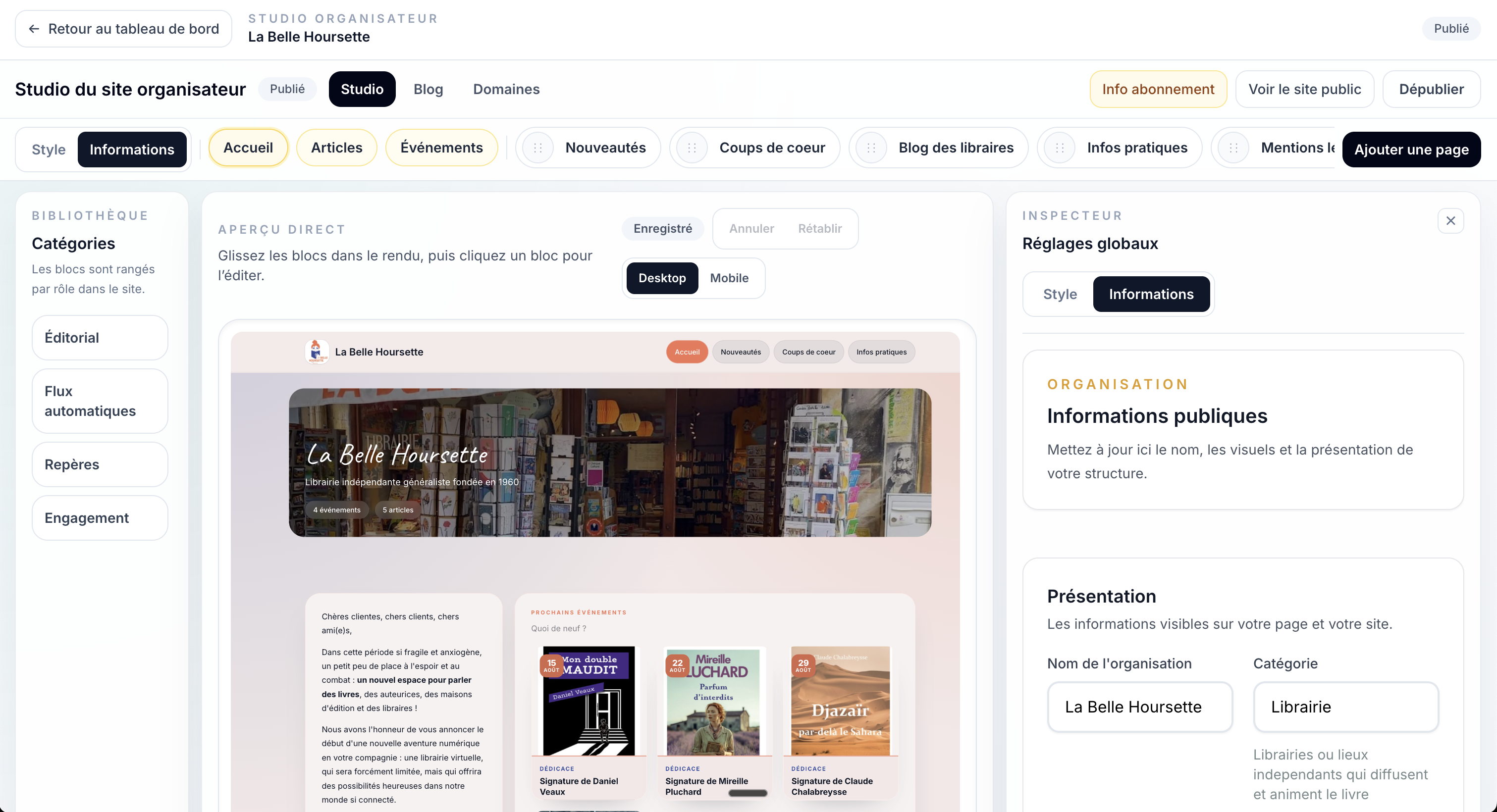 Capture du studio du site organisateur avec aperçu direct, publication et personnalisation