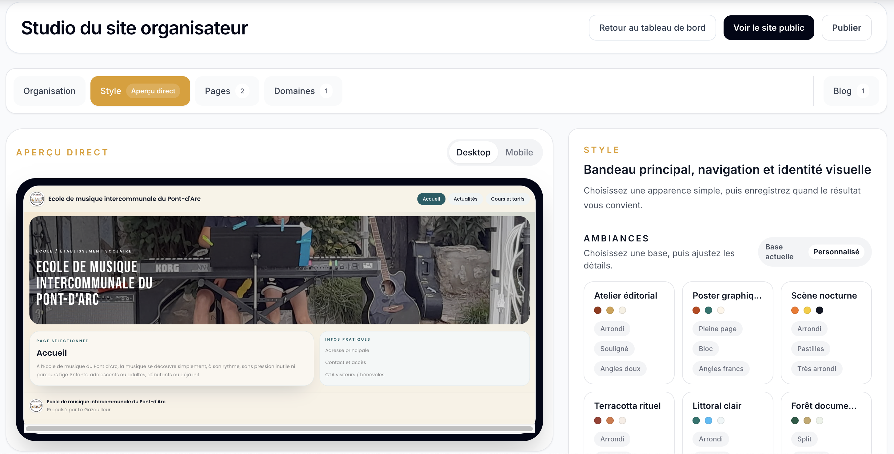 Capture du studio du site organisateur avec aperçu direct, publication et personnalisation